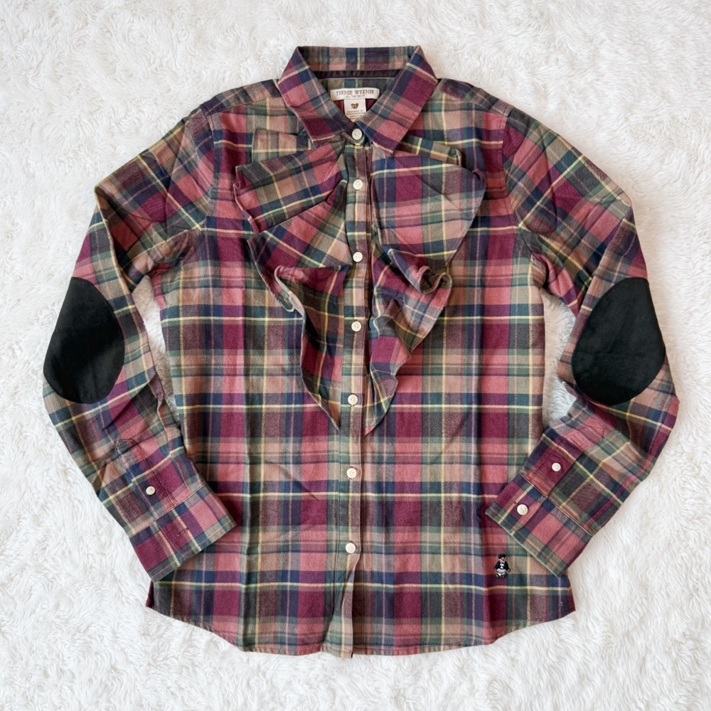 Teenie Weenie Woman Plaid Ruffle Neck Button Down Shirt LARGE Classic Equestrian